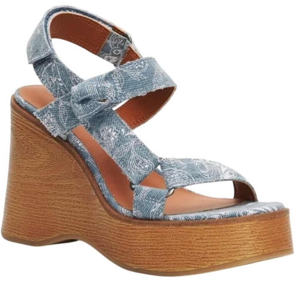 Lucky Brand Blue Paisley Denim Platform Wedge Sandals 9M 40 Boho Wood Grain
